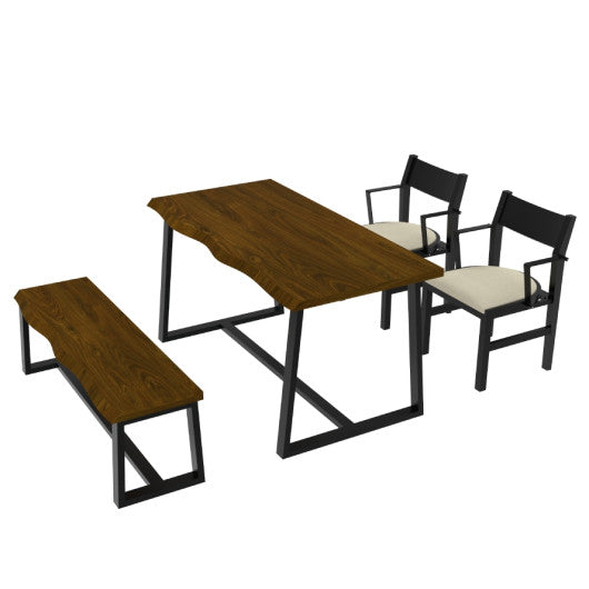 4-Person Dining Table Set with Chairs and Bench-Irregular Design-Dark Wood-Beige