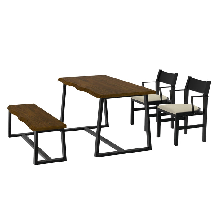 4-Person Dining Table Set with Chairs and Bench-Irregular Design-Dark Wood-Beige