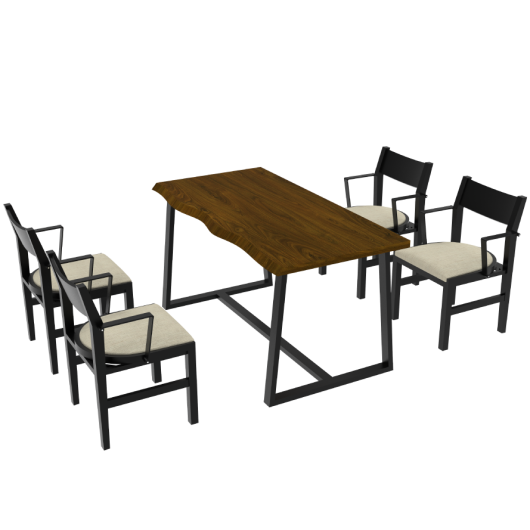 4-Person Dining Table Set with Chairs and Bench-Irregular Design-Dark Wood-Beige-4