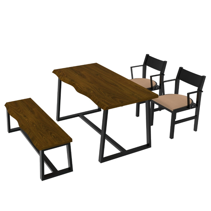 4-Person Dining Table Set with Chairs and Bench-Irregular Design-Dark Wood-Brown