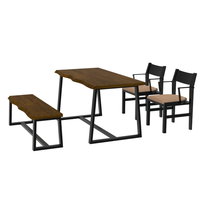 4-Person Dining Table Set with Chairs and Bench-Irregular Design-Dark Wood-Brown