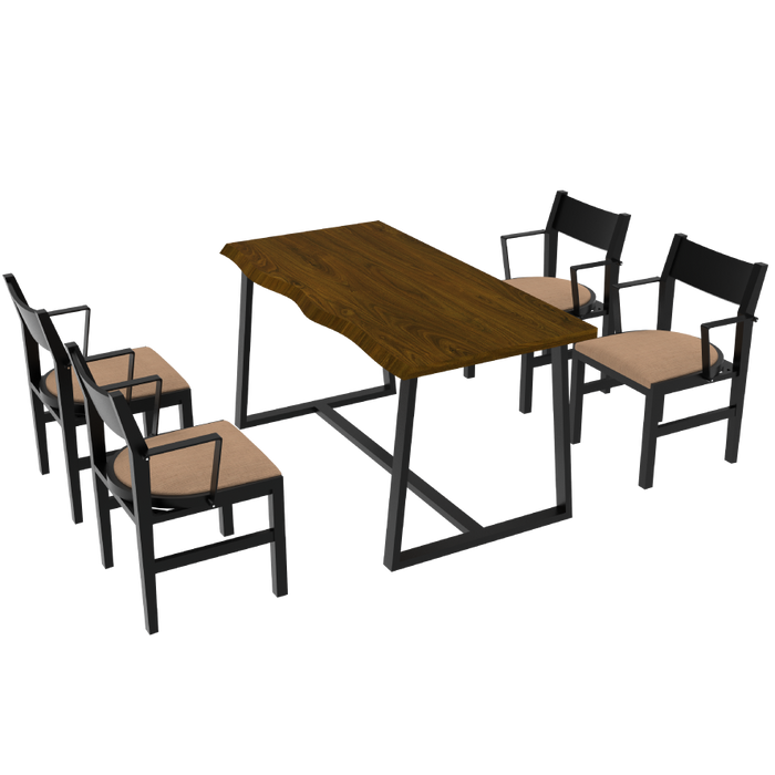 4-Person Dining Table Set with Chairs and Bench-Irregular Design-Dark Wood-Brown-4