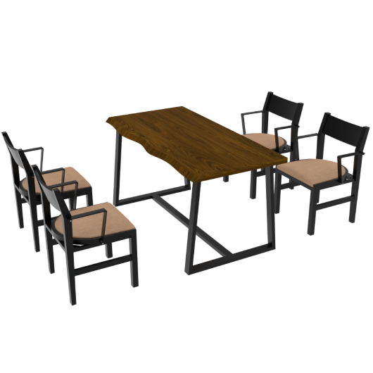 4-Person Dining Table Set with Chairs and Bench-Irregular Design-Dark Wood-Brown-4