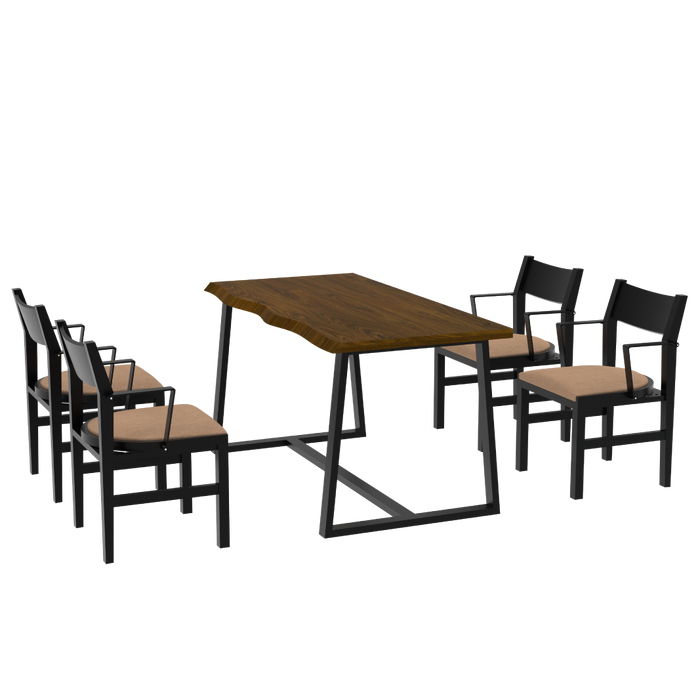 4-Person Dining Table Set with Chairs and Bench-Irregular Design-Dark Wood-Brown-4