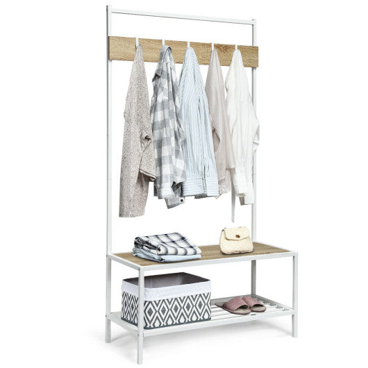 3-in-1 Industrial Coat Rack with 2-tier Storage Bench and 5 Hooks-Natural