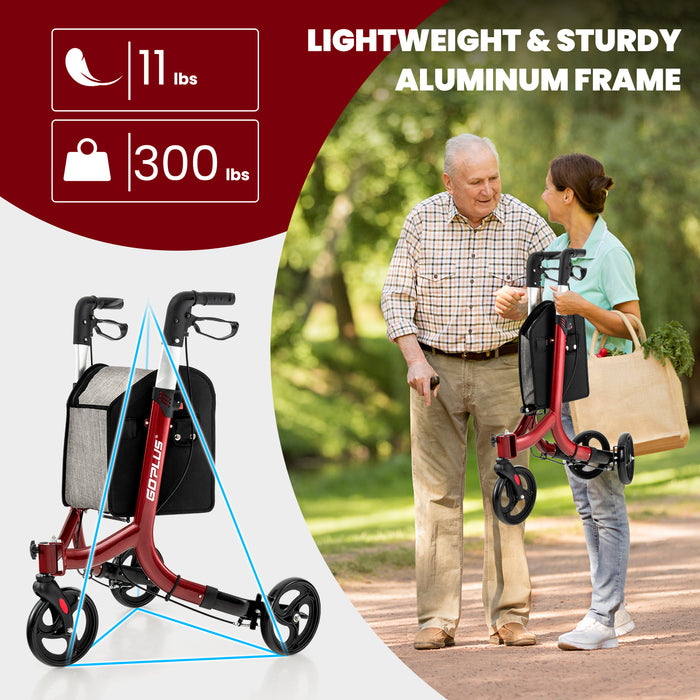 3-Wheel Rolling Walker with Adjustable Handle-Red