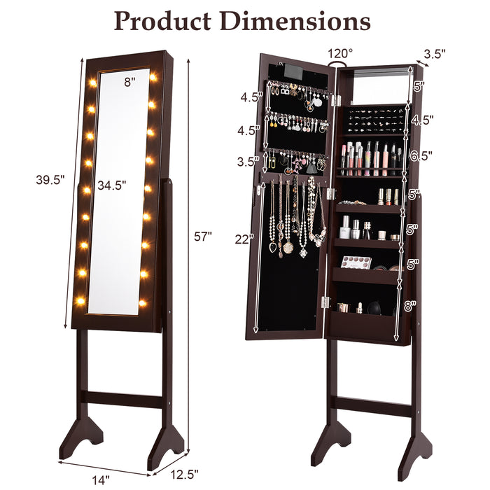 Mirrored Jewelry Cabinet Armoire Organizer w/ LED lights-Brown