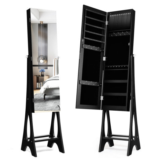 LED Jewelry Cabinet Armoire Organizer with Bevel Edge Mirror-Black