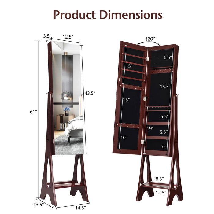 LED Jewelry Cabinet Armoire Organizer with Bevel Edge Mirror-Brown