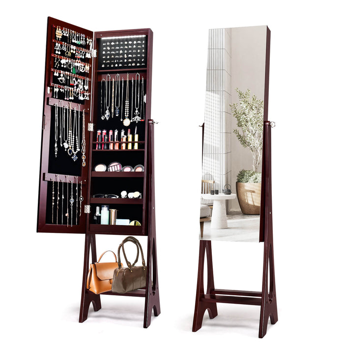 LED Jewelry Cabinet Armoire Organizer with Bevel Edge Mirror-Brown