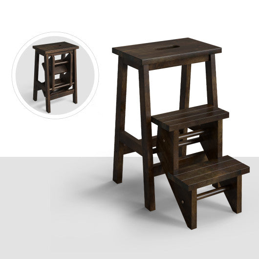 3-in-1 Rubber Wood Step Stool with Convenient Handle-Brown