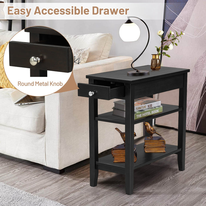 Side End Table with Drawer and 2-Tier Open Storage Shelves for Space Saving-Black