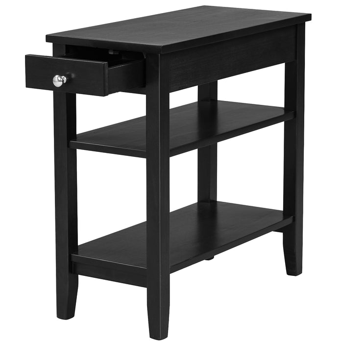 Side End Table with Drawer and 2-Tier Open Storage Shelves for Space Saving-Black