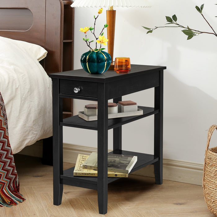 Side End Table with Drawer and 2-Tier Open Storage Shelves for Space Saving-Black