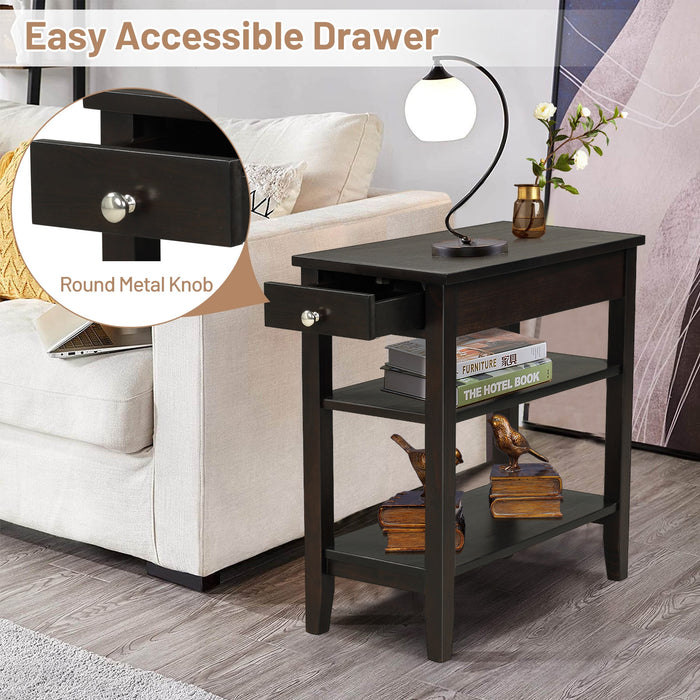 Side End Table with Drawer and 2-Tier Open Storage Shelves for Space Saving-Brown