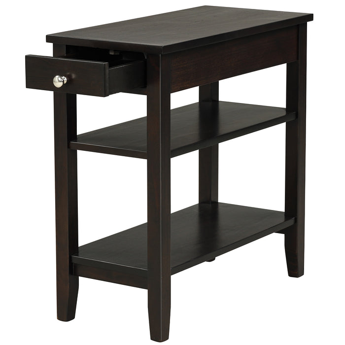 Side End Table with Drawer and 2-Tier Open Storage Shelves for Space Saving-Brown