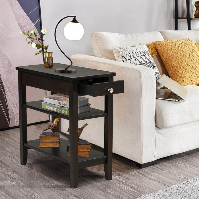 Side End Table with Drawer and 2-Tier Open Storage Shelves for Space Saving-Brown