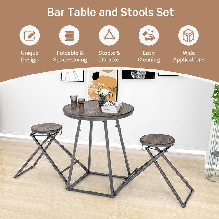 3 Pieces Dining Table Set with 2 Foldable Stools for Small Space-Gray