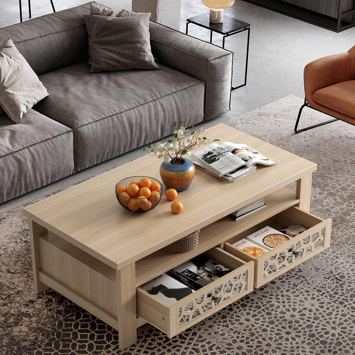 3-tier Coffee Table with 2 Drawers and 5 Support Legs-Natural