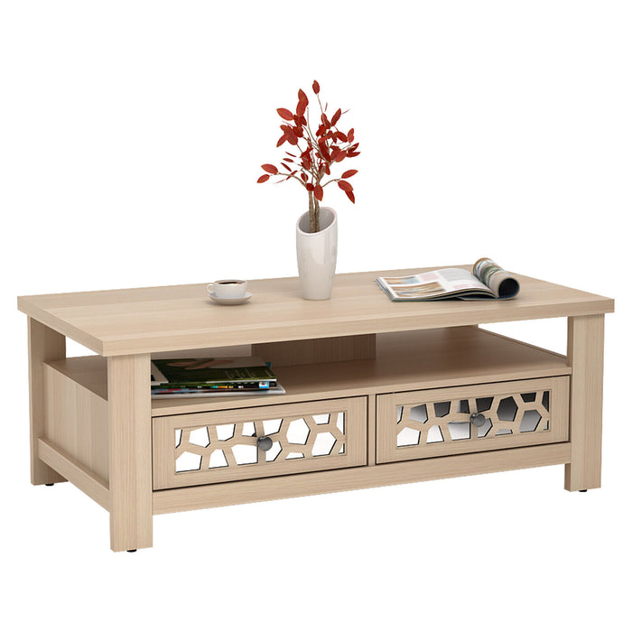 3-tier Coffee Table with 2 Drawers and 5 Support Legs-Natural