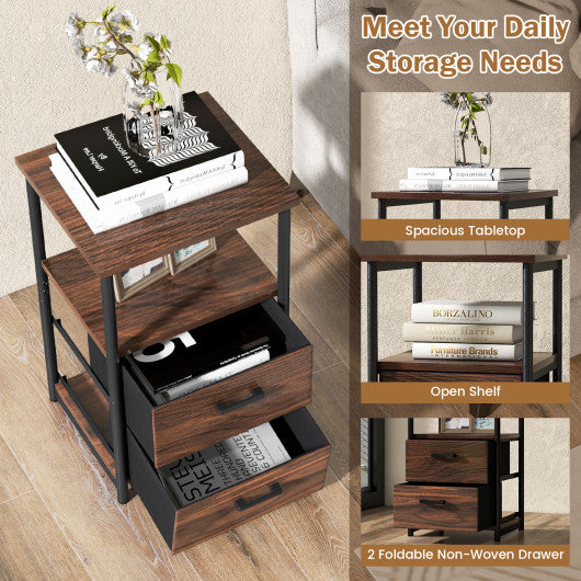 3-Tier Retro Nightstand with 2 Removable Fabric Drawers and Open Shelf-Walnut