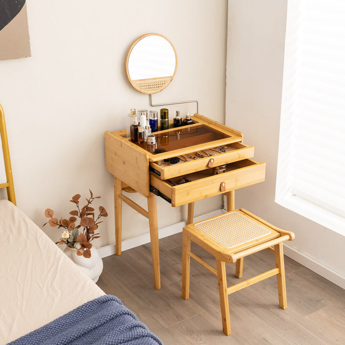 Bamboo Vanity Stool with Rattan Top and Reinforcement Bar-Natural