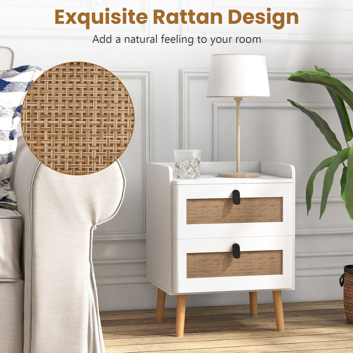 Modern End Table Bedside Table with 2 Rattan Decorated Drawers-White