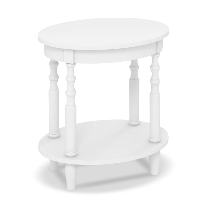 2-Tier Oval Side Table with Storage Shelf and Solid Wood Legs-White