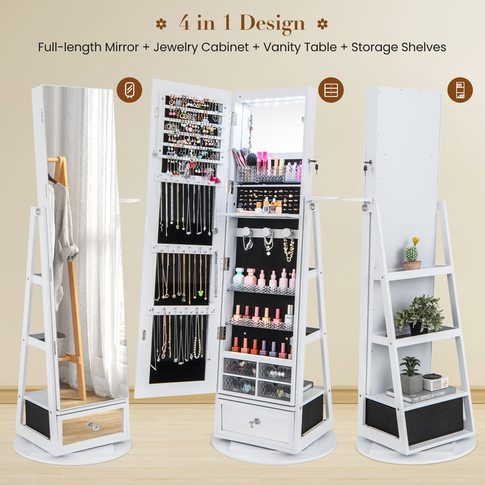 Lockable 360Â° Swivel Jewelry Cabinet with Full-Length Mirror LED Lights-White