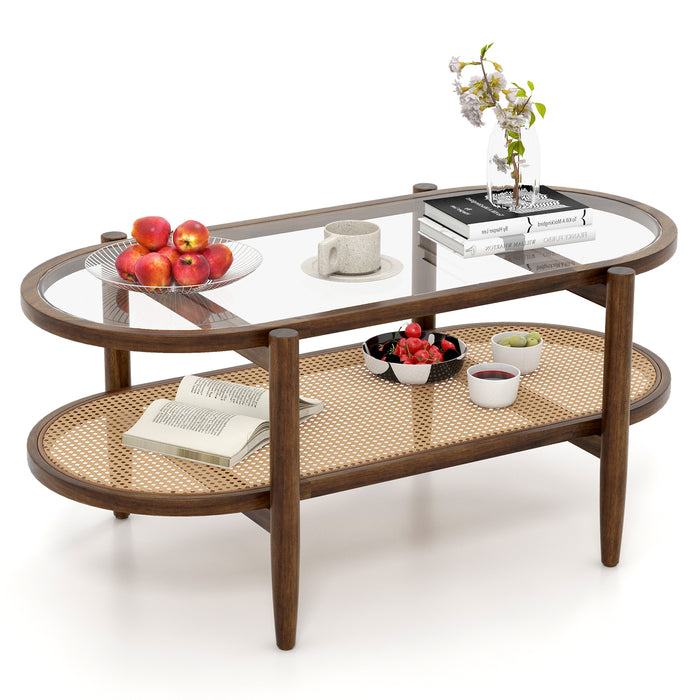 2-Tier Coffee Table with Tempered Glass Tabletop and Acacia Wood Frame