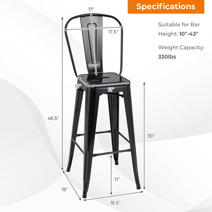 30 Inch Height Set of 4 High Back Metal Industrial Bar Stools-Black