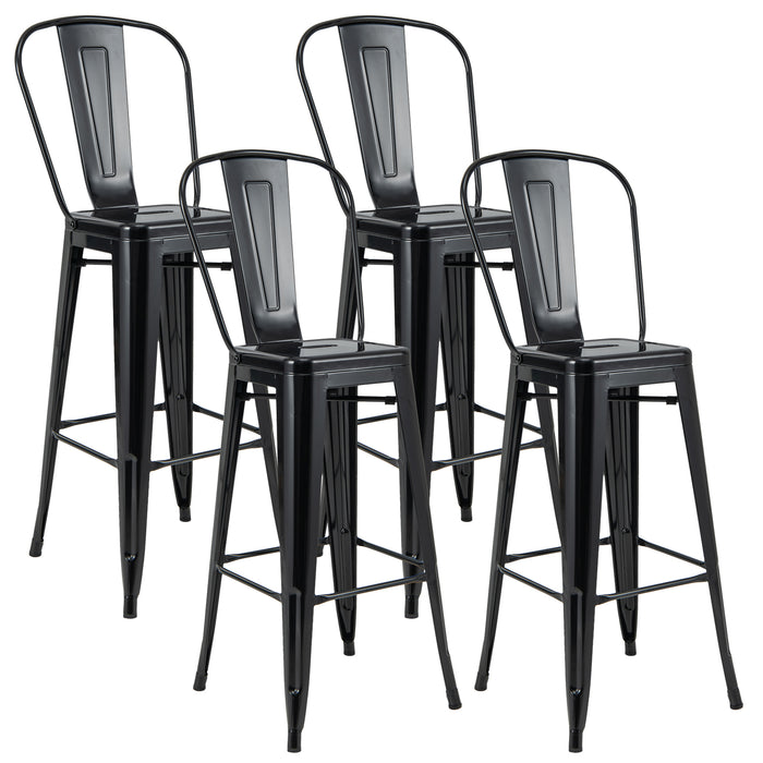 30 Inch Height Set of 4 High Back Metal Industrial Bar Stools-Black