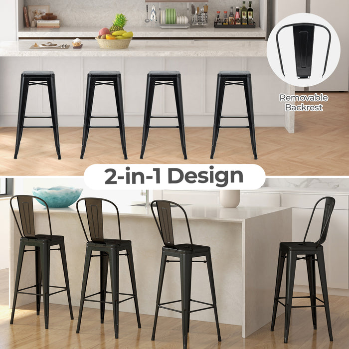 30 Inch Height Set of 4 High Back Metal Industrial Bar Stools-Black