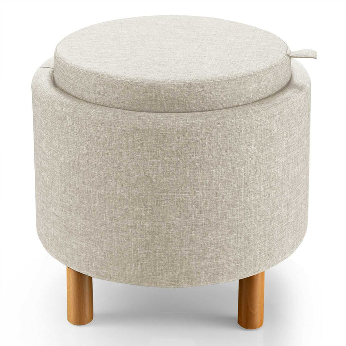 Round Fabric Storage Ottoman with Tray and Non-Slip Pads for Bedroom-Beige