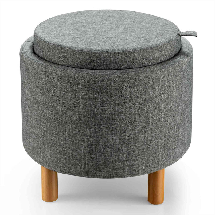 Round Fabric Storage Ottoman with Tray and Non-Slip Pads for Bedroom-Gray