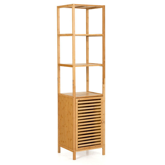 4 Tiers Slim Bamboo Floor Storage Cabinet with Shutter Door and Anti-Toppling Device-Natural