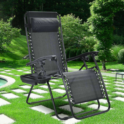 Outdoor Folding Zero Gravity Reclining Lounge Chair with Utility Tray-Black