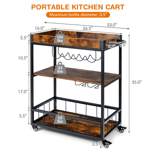 3-Tier Rolling Kitchen Bar Cart with Wine Rack-Rustic Brown