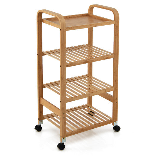 Bamboo Utility Cart with Storage Shelf and Lockable Casters-4-Tier