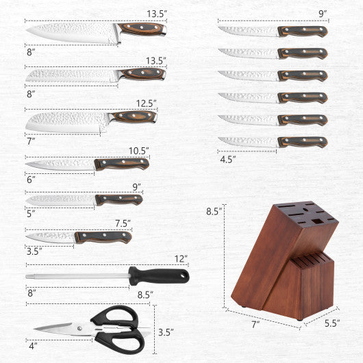 15 Pieces Stainless Steel Knife Block Set with Ergonomic Handle