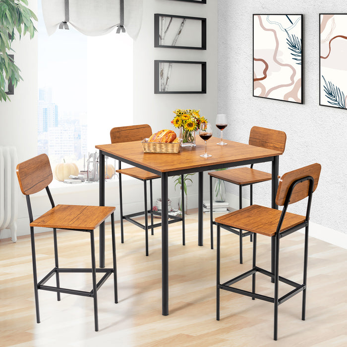 5-Piece Industrial Dining Table Set with Counter Height Table and 4 Bar Stools-Walnut