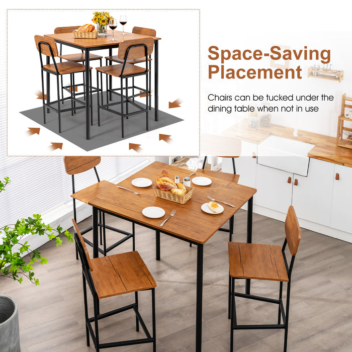 5-Piece Industrial Dining Table Set with Counter Height Table and 4 Bar Stools-Walnut