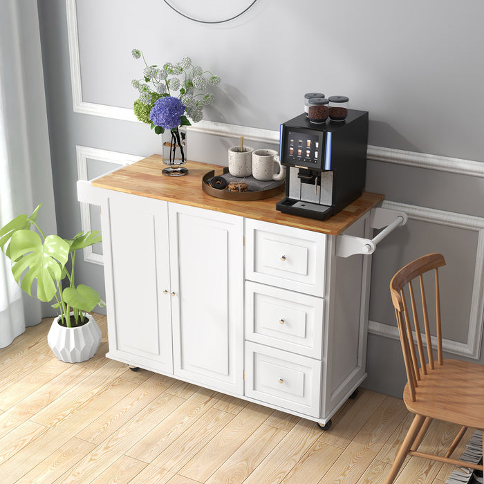 Kitchen Island Trolley Cart Wood with Drop-Leaf Tabletop and Storage Cabinet-White