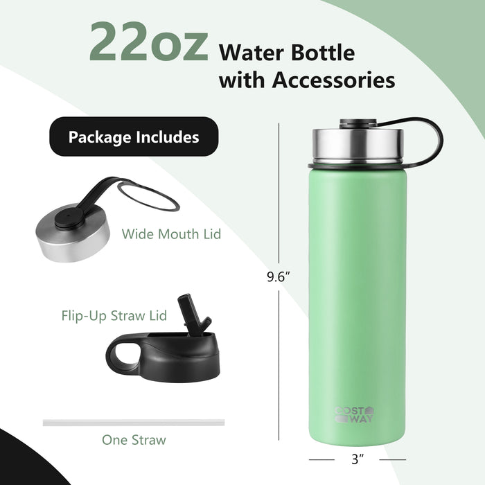 22 Oz Double-walled Insulated Stainless Steel Water Bottle with 2 Lids and Straw-Green