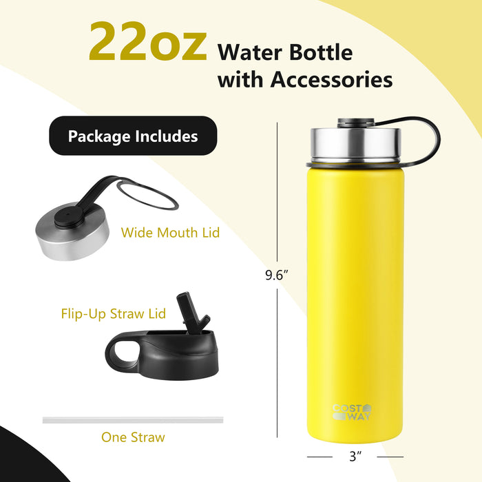 22 Oz Double-walled Insulated Stainless Steel Water Bottle with 2 Lids and Straw-Yellow