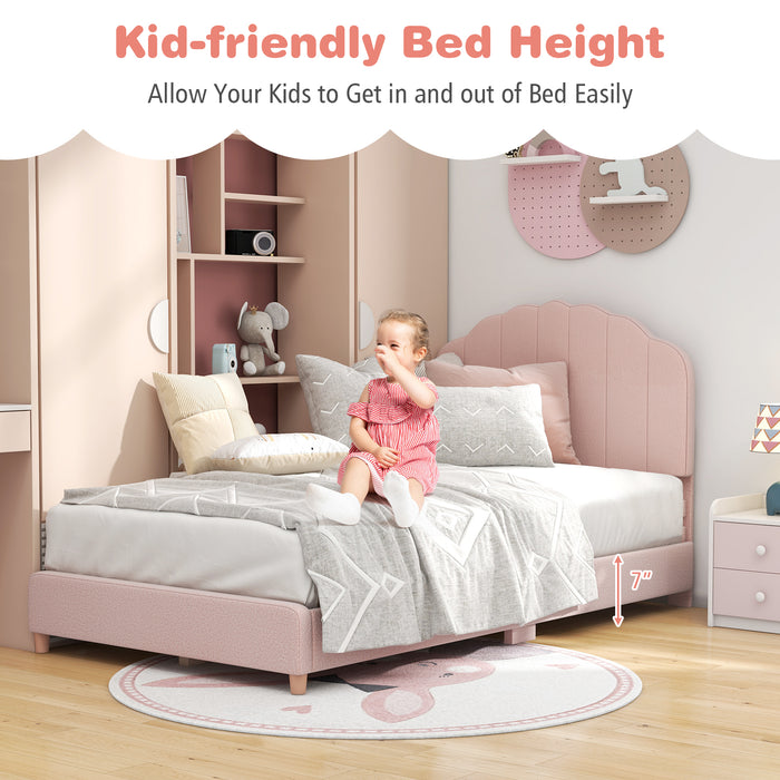 Twin Bed Frame with Height-Adjustable Headboard and Sturdy Wooden Slats-Pink