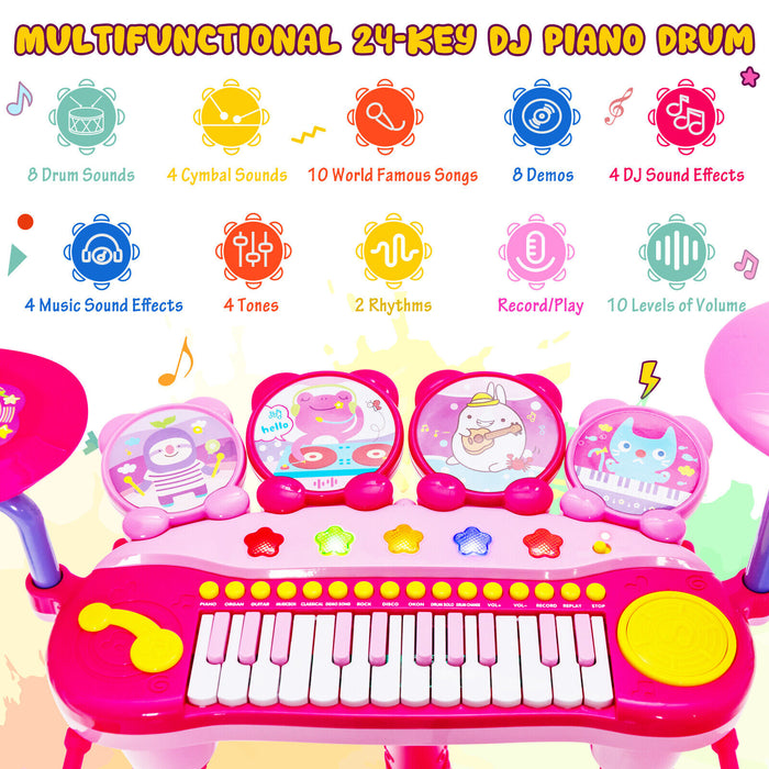 24-Key Piano Keyboard DJ Drum Combination with Microphone and MP3-Pink