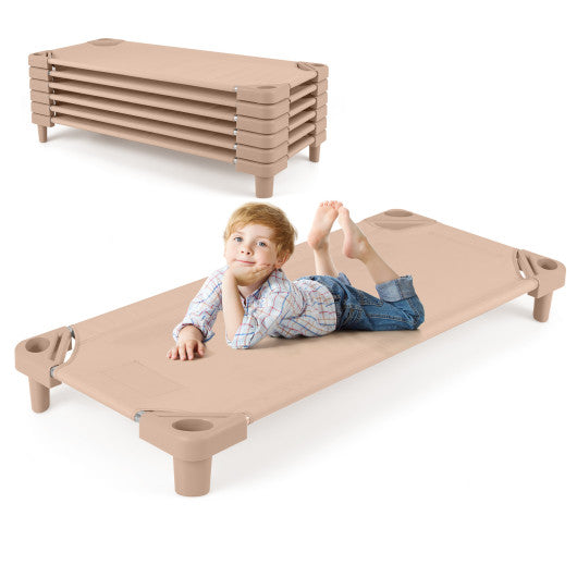 Kids Stackable Daycare Cot Pack of 6 with Detachable Oxford Cloth-Beige