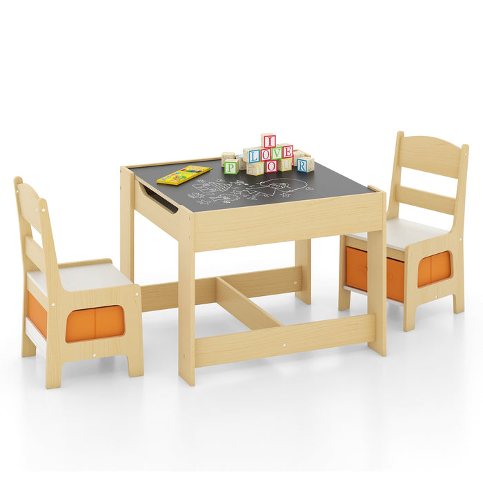 Kids Table Chairs Set With Storage Boxes Blackboard Whiteboard Drawing-Natural