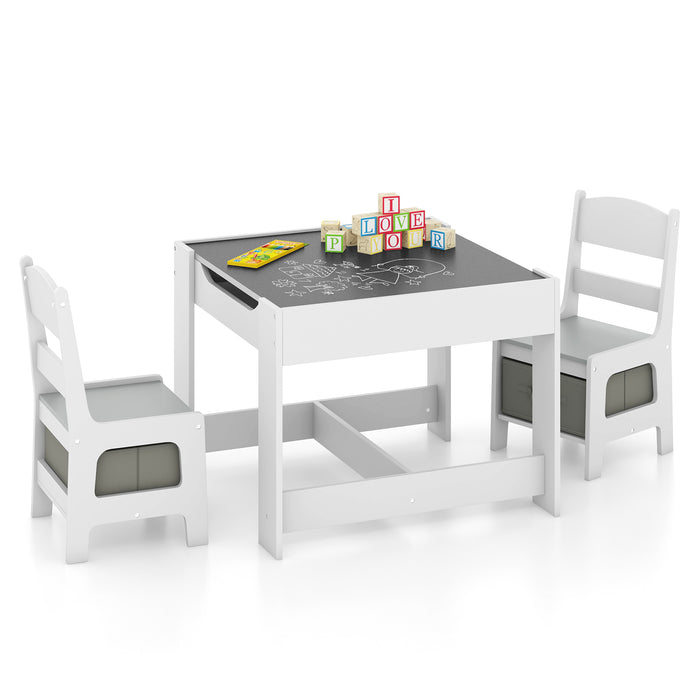 Kids Table Chairs Set With Storage Boxes Blackboard Whiteboard Drawing-White